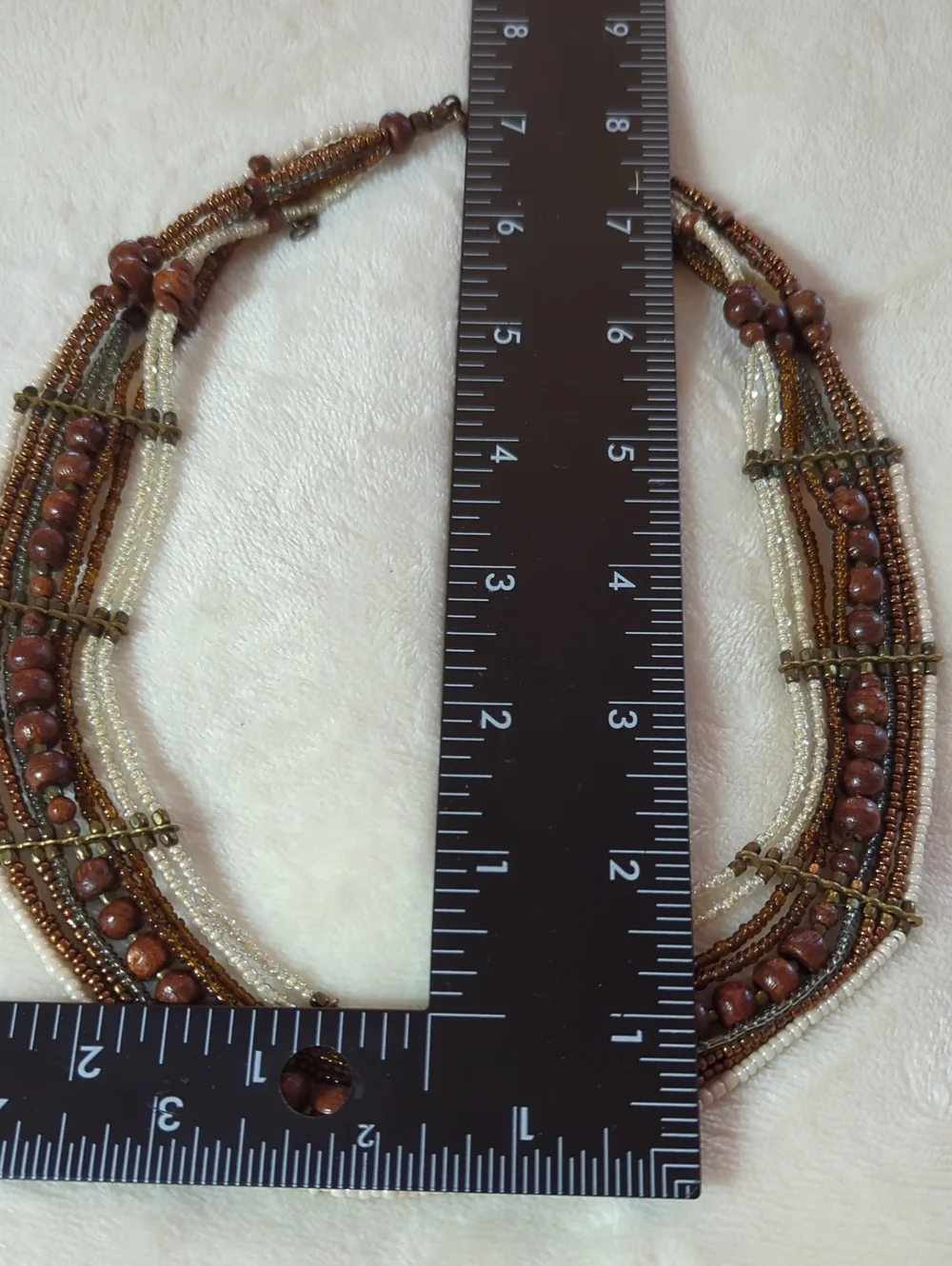 Multi-Strand Earthy Boho Collar Necklace – Wood & Seed Beads | Antique Brass